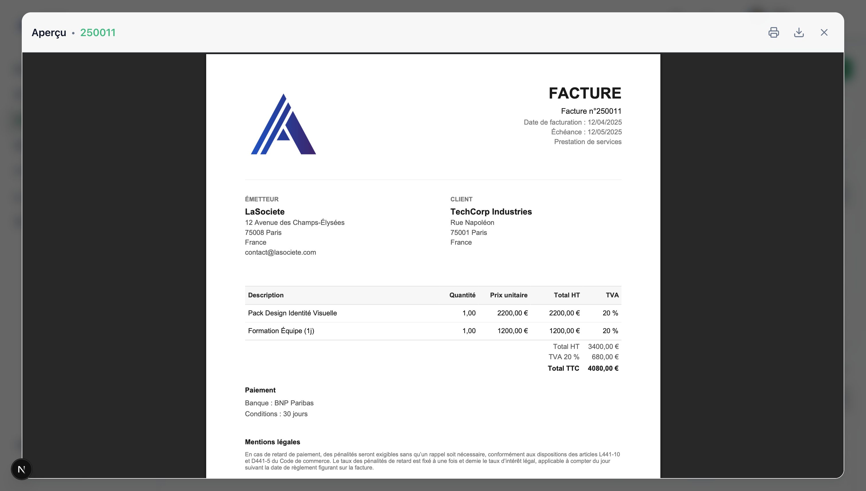 Aperçu facture avec informations de paiement