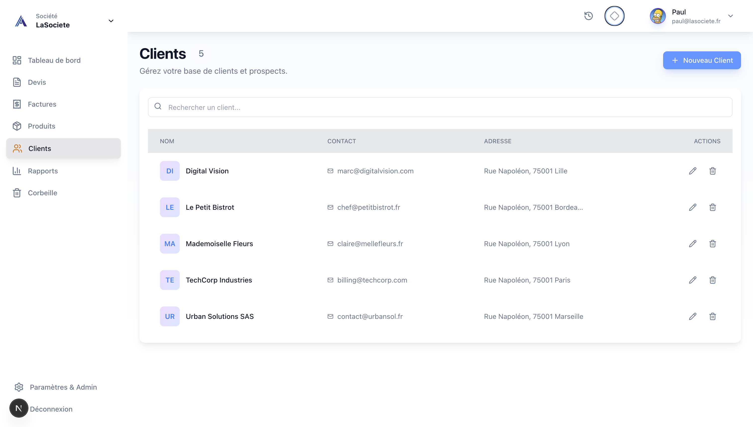 Gestion des clients MyFacture