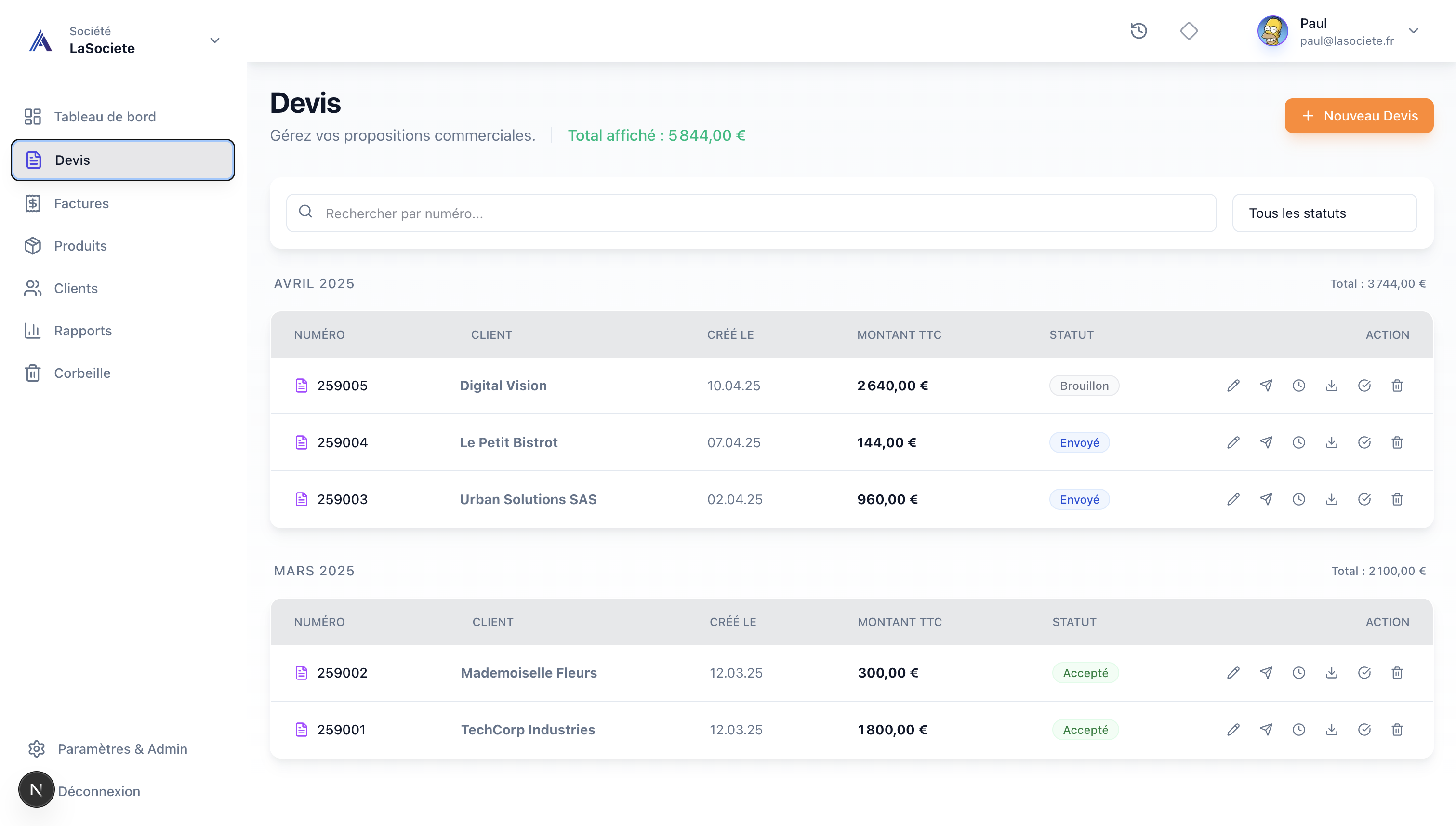 Liste des devis MyFacture