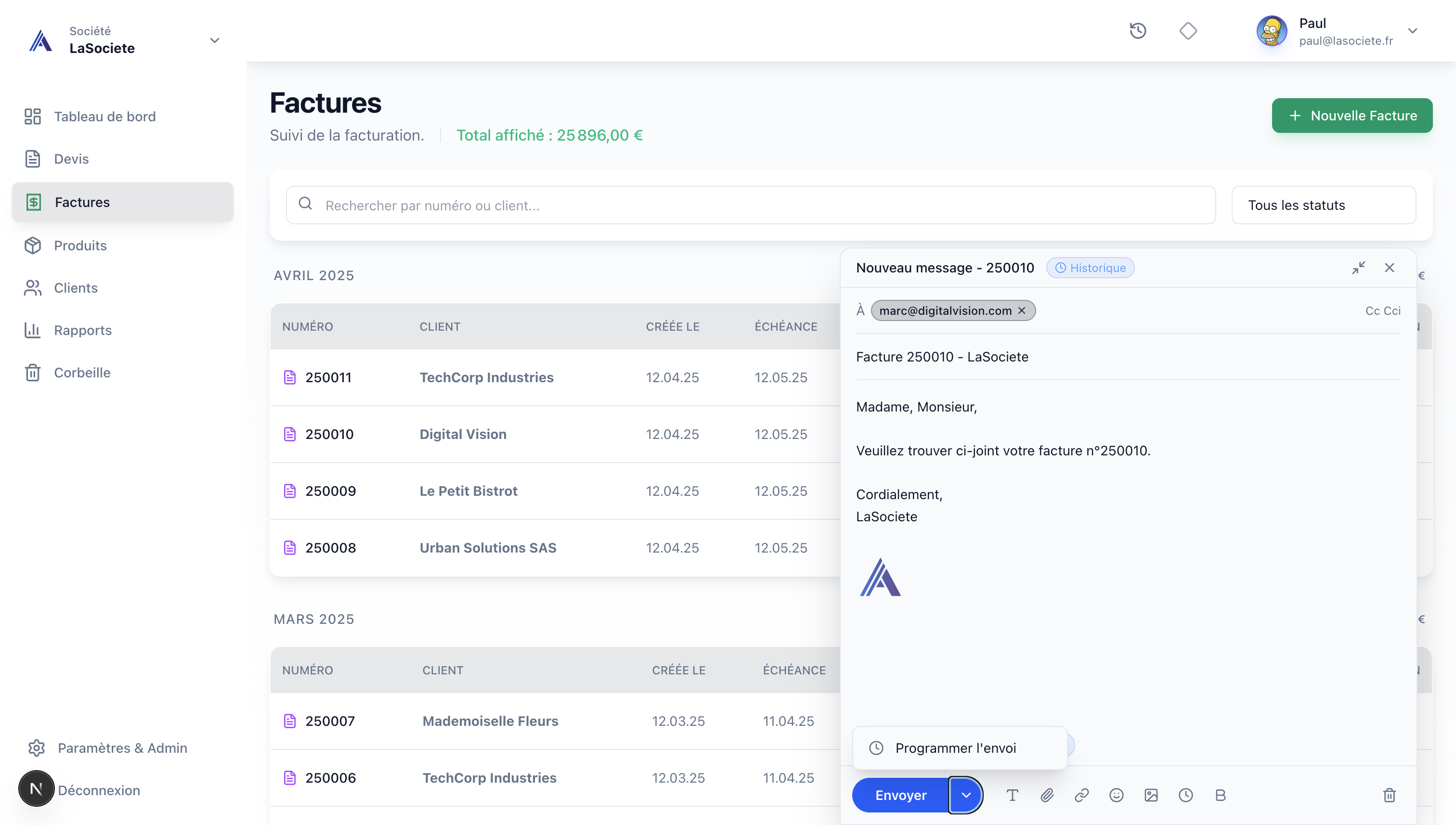 Envoi de facture par email MyFacture