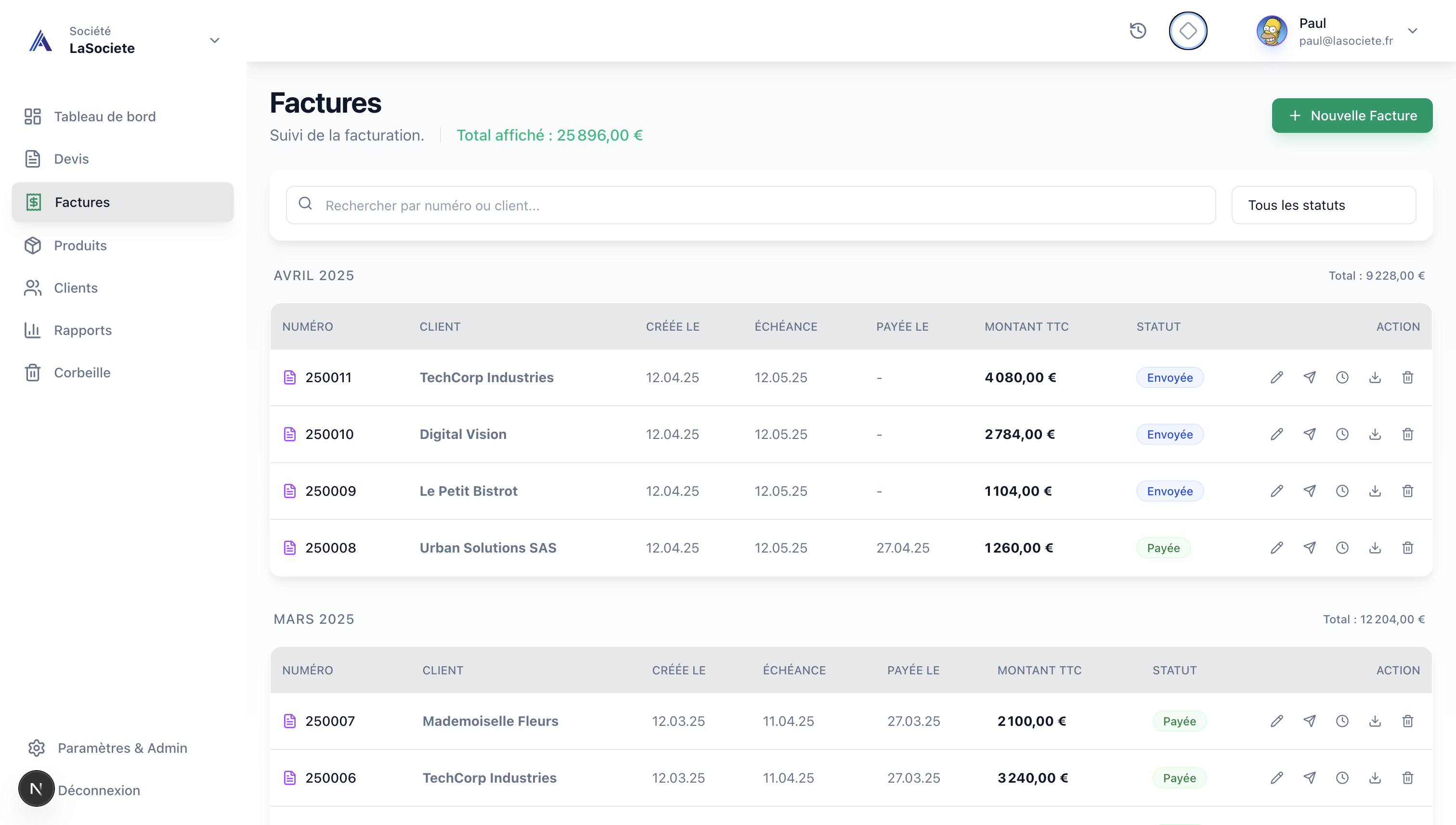 Liste des factures MyFacture