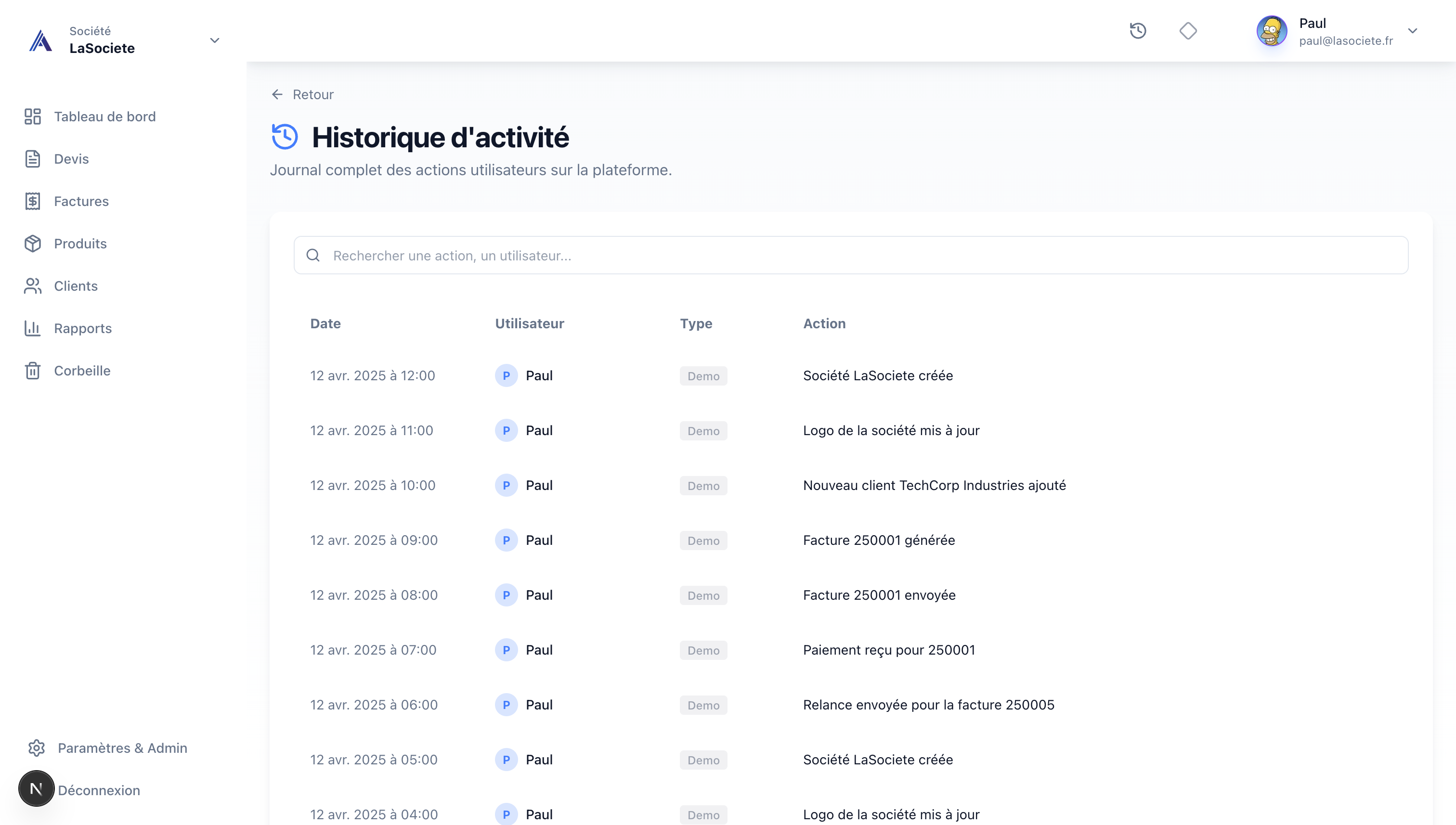 Historique d'activité MyFacture