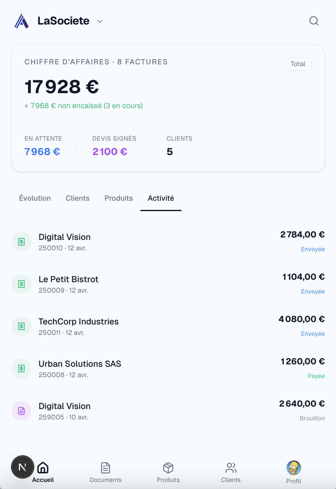 MyFacture sur mobile — activité récente