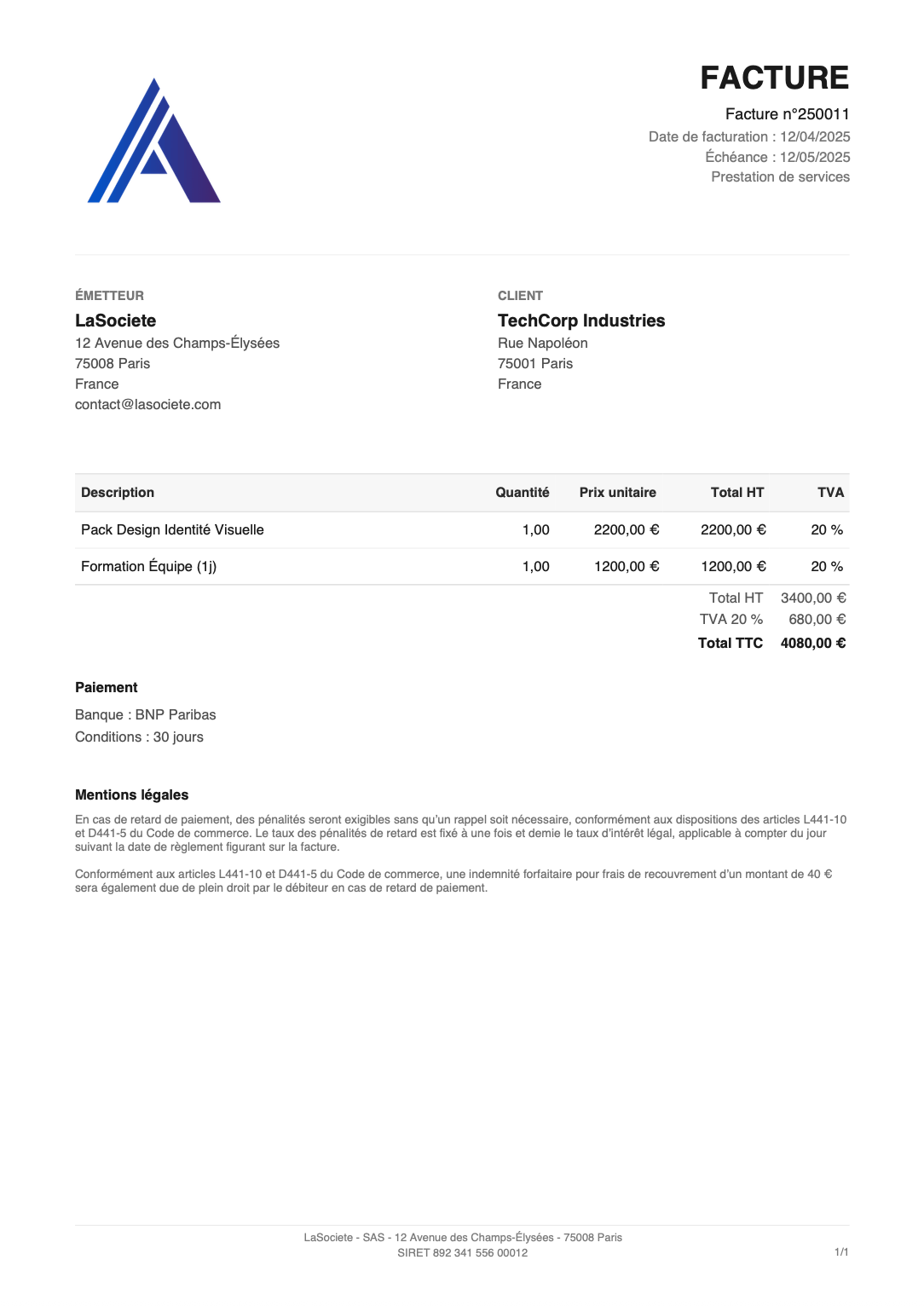 Facture PDF professionnelle MyFacture