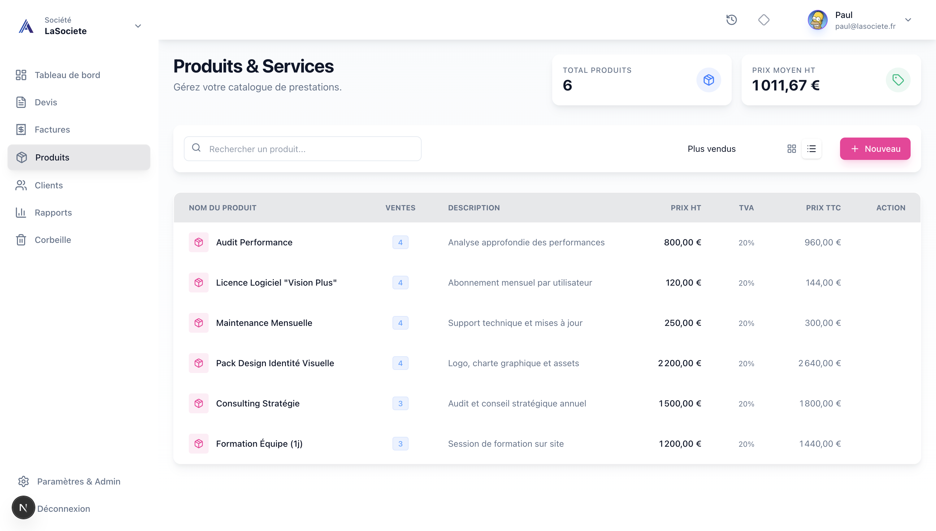 Catalogue produits et services MyFacture